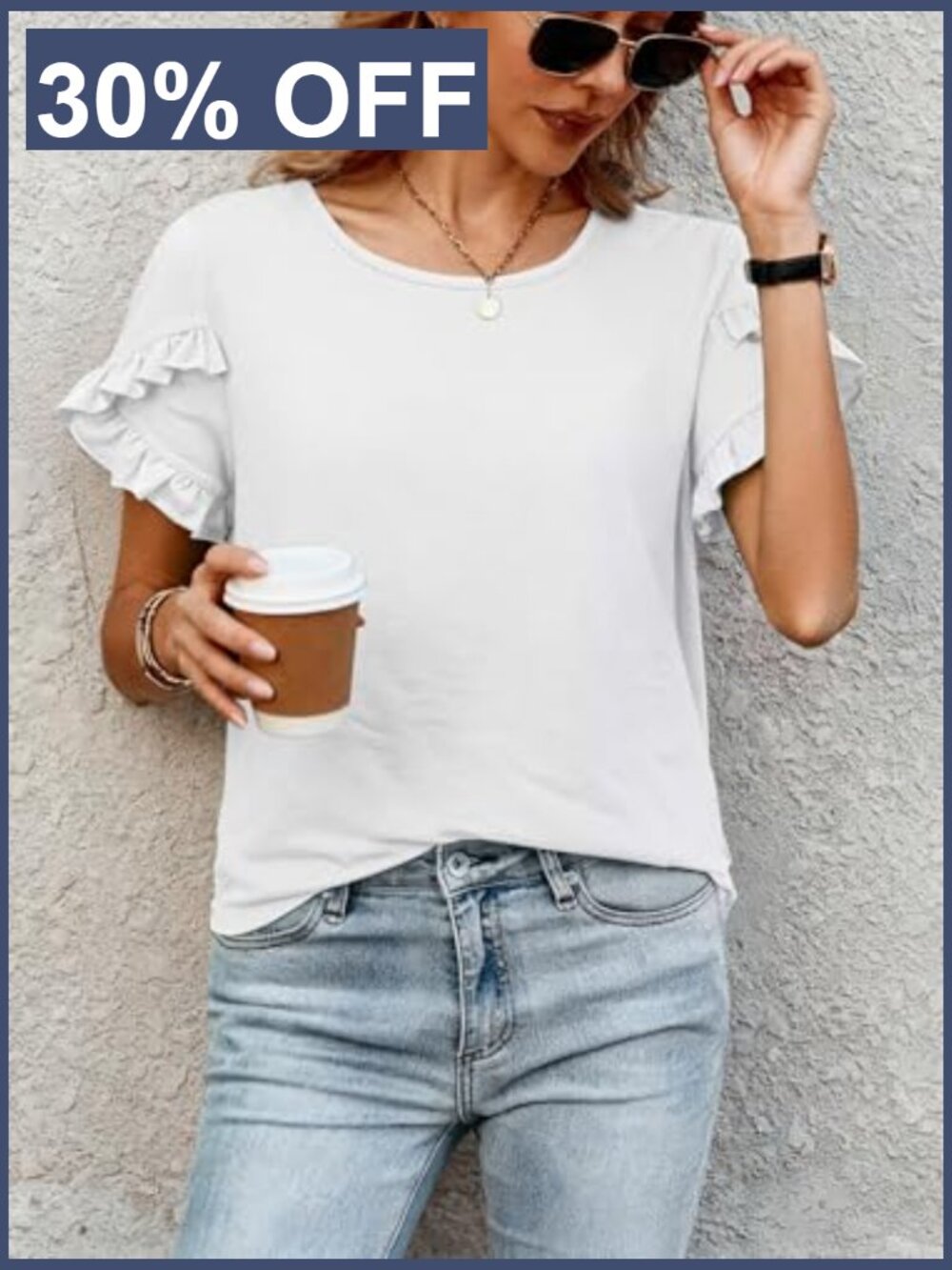 Short Sleeve Ruffle Crewneck Blouse for Work Casual - Picture 6 of 7